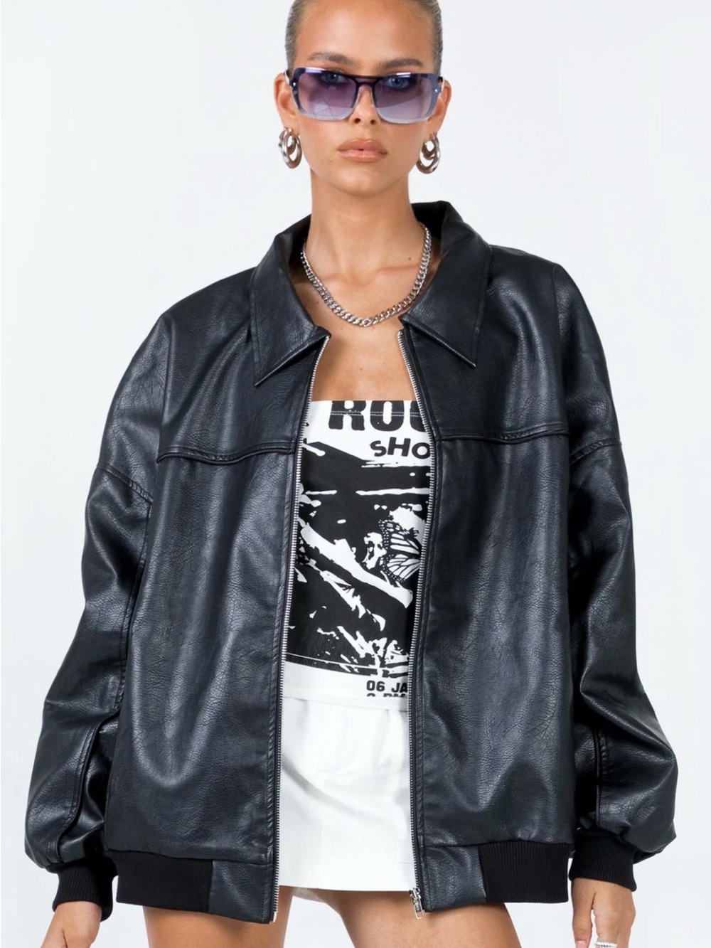 Princess Polly Black Faux Leather Bomber Jacket